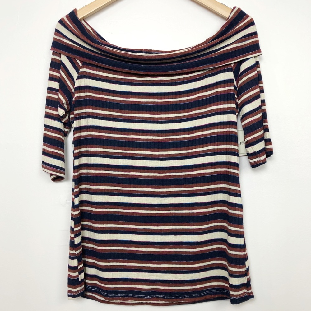 Watercolor Stripe Foldover Boatneck Top Navy/Brown